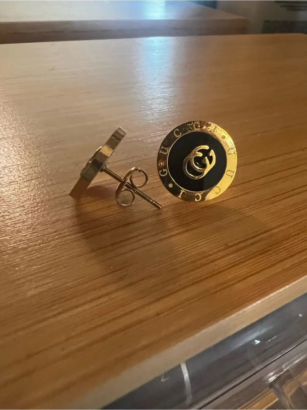 Black and Gold Round Enamel Double-G Stud Earrings